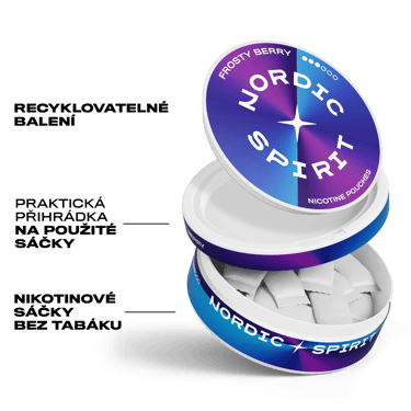 Pohled zepředu na krabičku nikotinových sáčků Frosty Berry Strong