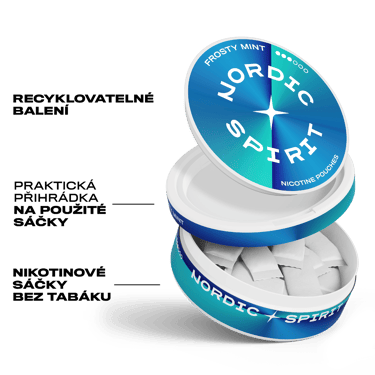 Otevřená krabička nikotinových sáčků Nordic Spirit Frosty Mint Strong