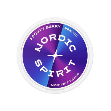 Pohled zepředu na krabičku nikotinových sáčků Frosty Berry Strong